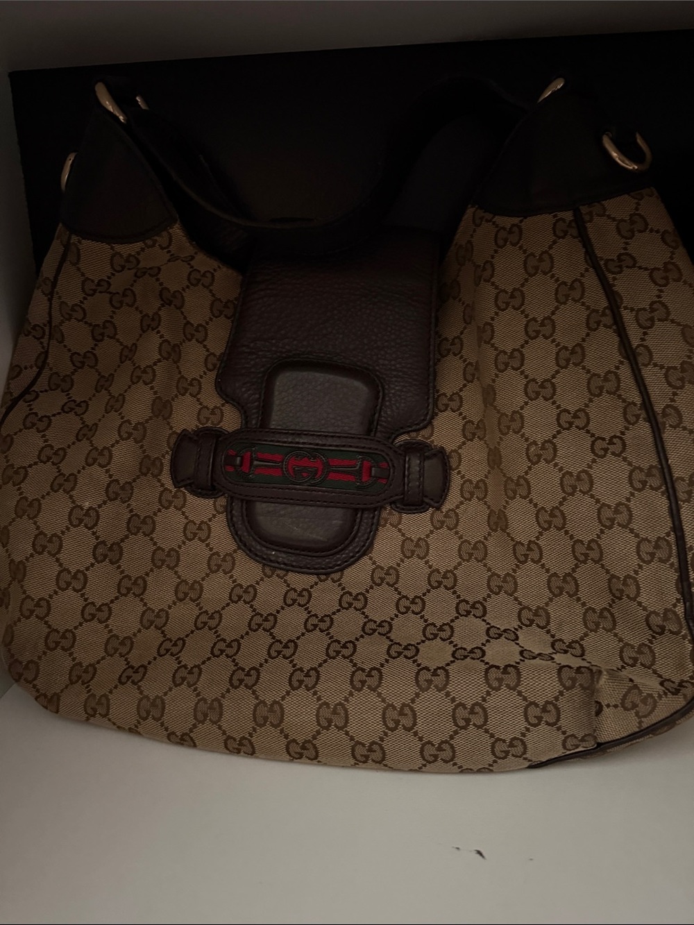 Gucci Beige/Brown GG Canvas Shoulder Bag with Dark Brown Leather Trim